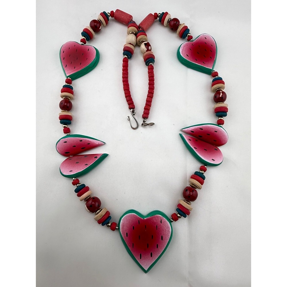 Vintage Watermelon‎ Necklace Pained Wooden Beads Charms Fruit 28"